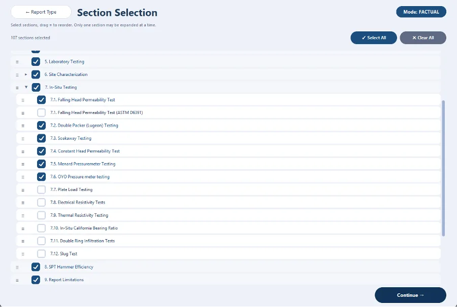 Report section selection